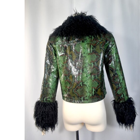 Nasty Gal Snakeskin Print Crop Jacket with Faux Fur Trim Green Black Pockets 4 - Picture 4 of 8